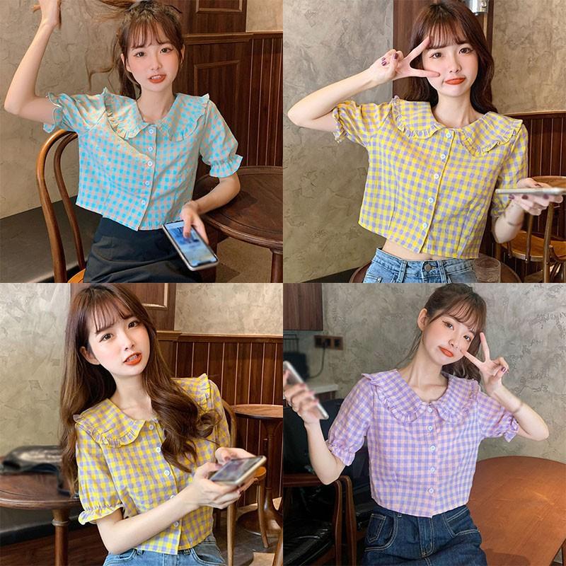 Áo Sơ Mi Caro Cổ Búp Bê Xinh Xắn Cho Nữ