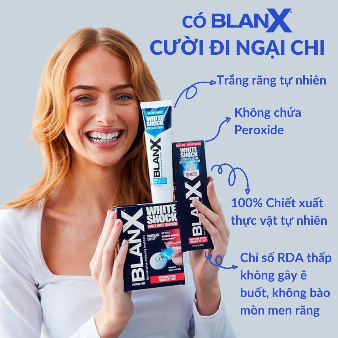 Bộ đôi Kem đánh răng BlanX Giúp Răng Trắng Sáng (+LED LIGHT) BlanX Toothpaste White Shock blue fomula 50ml