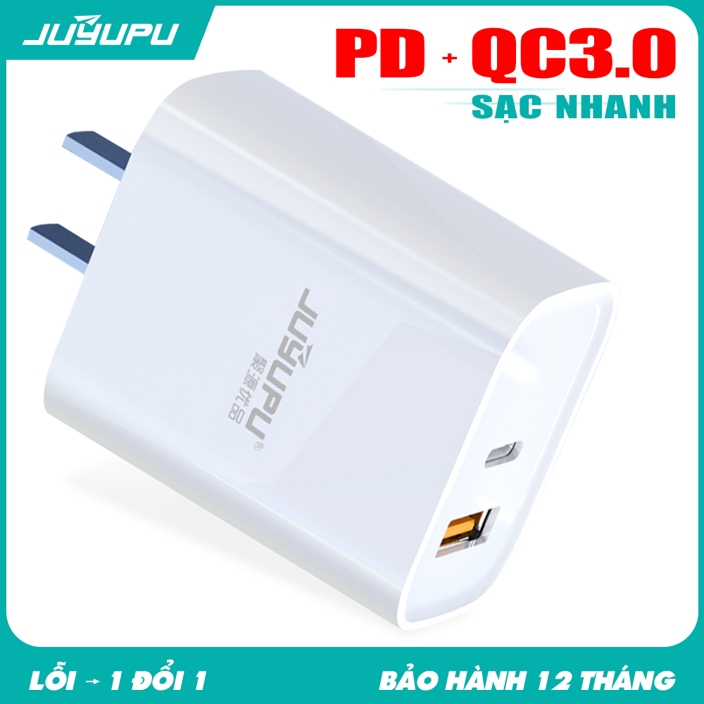 Củ sạc JUYUPU U01CT sạc nhanh PD QC3.0 công suất 18W 2 cổng ra Type C USB cốc sạc điện thoại dành cho iPhone Samsung OPPO VIVO HUAWEI XIAOMI - HÀNG CHÍNH HÃNG