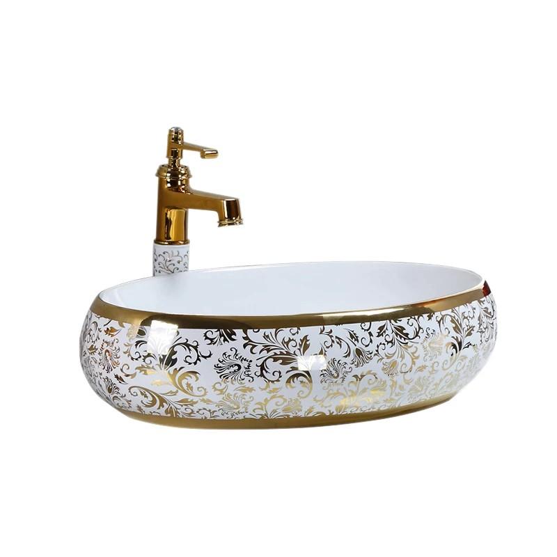 Chậu sứ lavabo để bàn hình oval, vân cổ điển màu vàng tuyệt đẹp