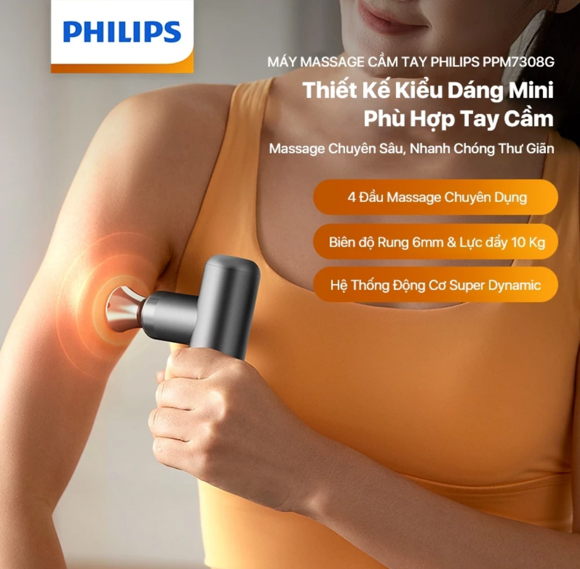 Máy Massage Cầm Tay Mini PHILIPS PPM7308 - Massage chuyên sâu - 4 Đầu massage chuyên dụng - Hàng chính hãng