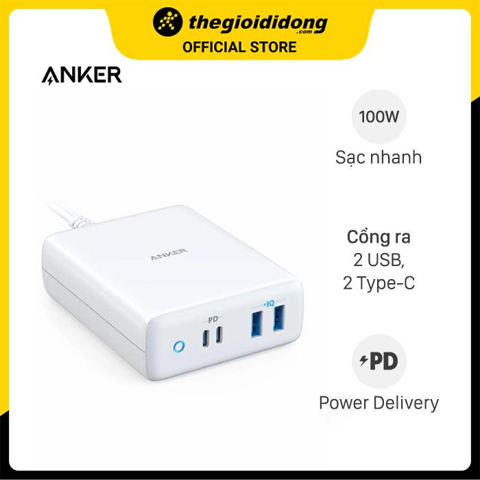 Adapter sạc 4 cổng USB Type C PD 100W Anker PowerPort Atom A2041 Trắng - Hàng chính hãng