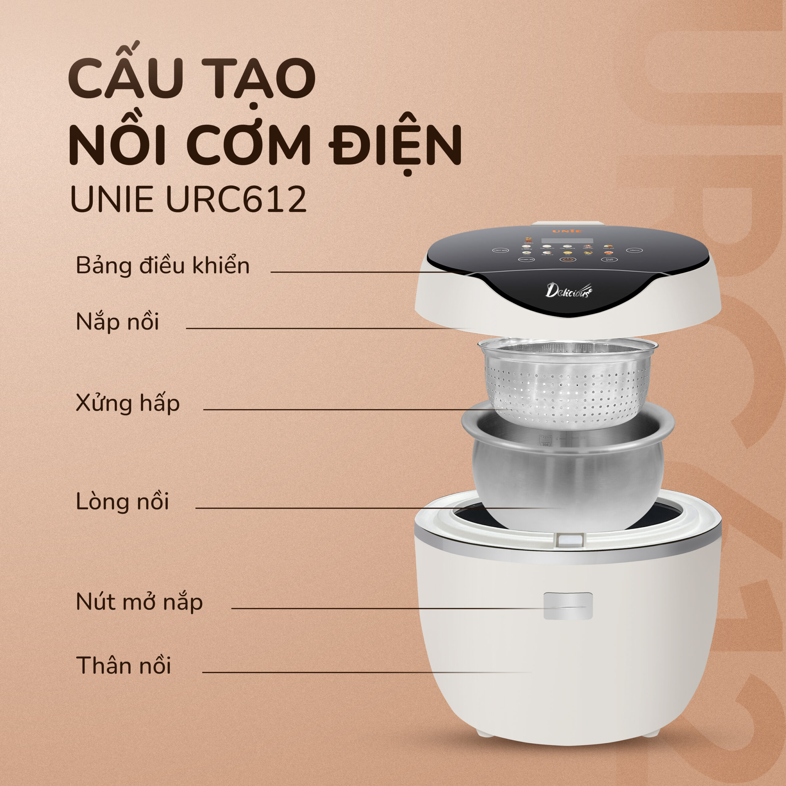 Nồi cơm điện tử UNIE URC612 ,công nghệ nấu cơm giảm đường, lòng nồi inox 304, dung tích 1,2L,công suất 500W, hàng chính hãng BH 12 tháng