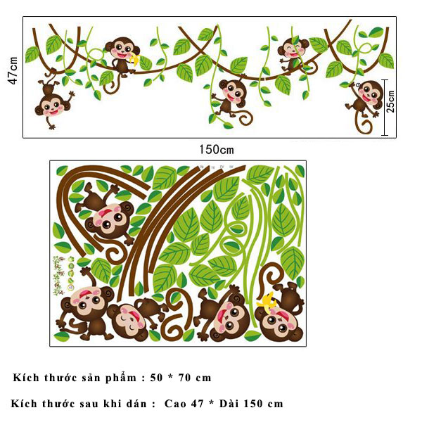 Decal dán tường khỉ đùa nghịch trên dàn dây leo cho bé AY7247