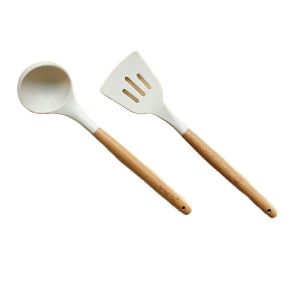 – Bộ 2 dụng cụ nấu ăn Vá/ Sạn/Xẻng có rãnh cán gỗ Seoulcook cao cấp, chống dính dùng cho nhà bếp