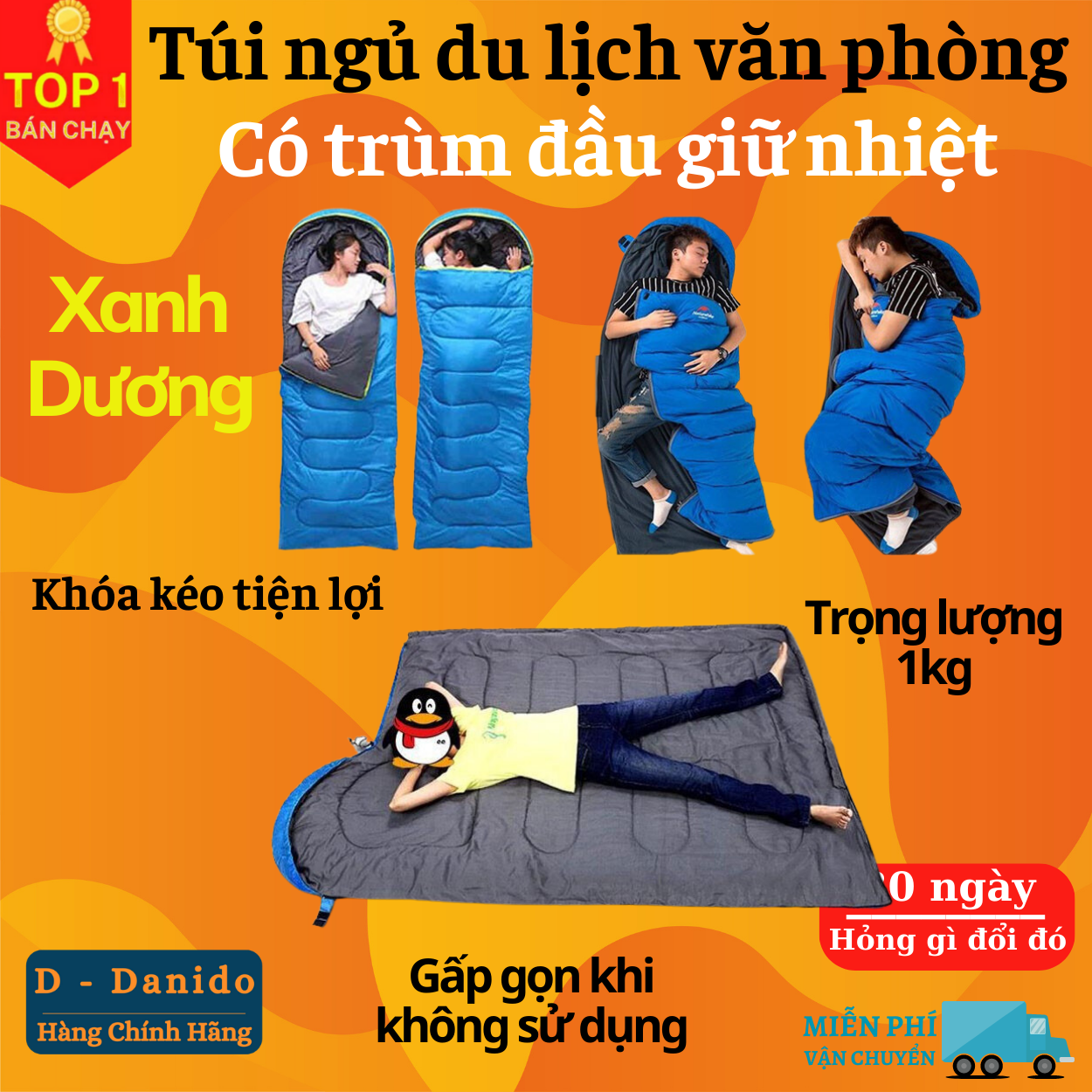 (FREE SHIP) Túi ngủ văn phòng du lịch cao cấp có trùm đầu - Chính hãng