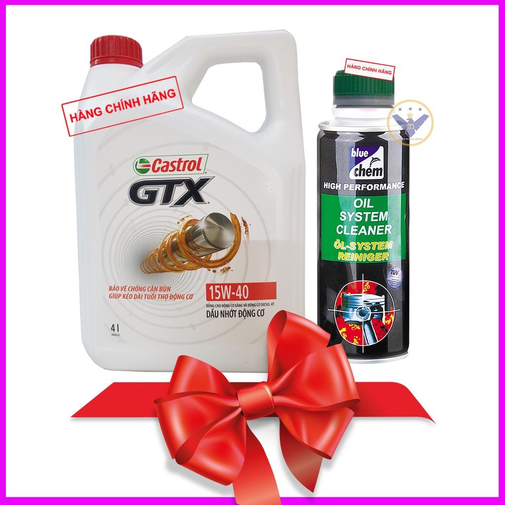 COMBO nhớt ô tô cao cấp Castrol GTX 15W-40 can 4L, súc rửa động cơ Bluechem