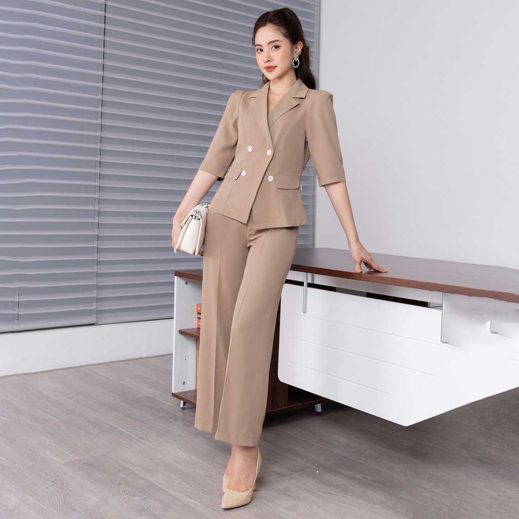 Set Công Sở UK Fashion Áo Cổ Vest Tay Lỡ Kèm Quần Ống Suông Lưng Cao Thanh Lịch, Chất Vải Nhập Hàn Đứng Phom NKBD2203001