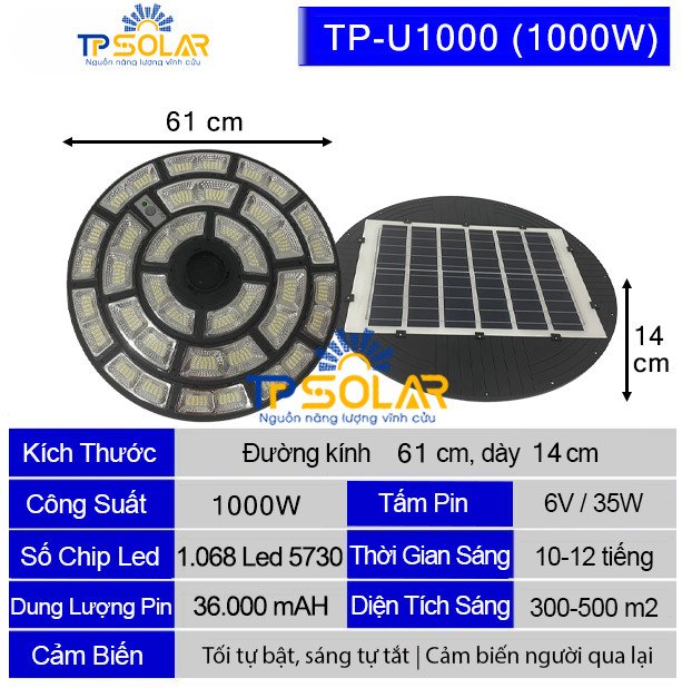 Đèn Sân Vườn Năng Lượng Mặt Trời UFO TP Solar TP-U1000 Công Suất Lớn 1000W Chiếu Sáng 360 Độ, Chống Nước IP67