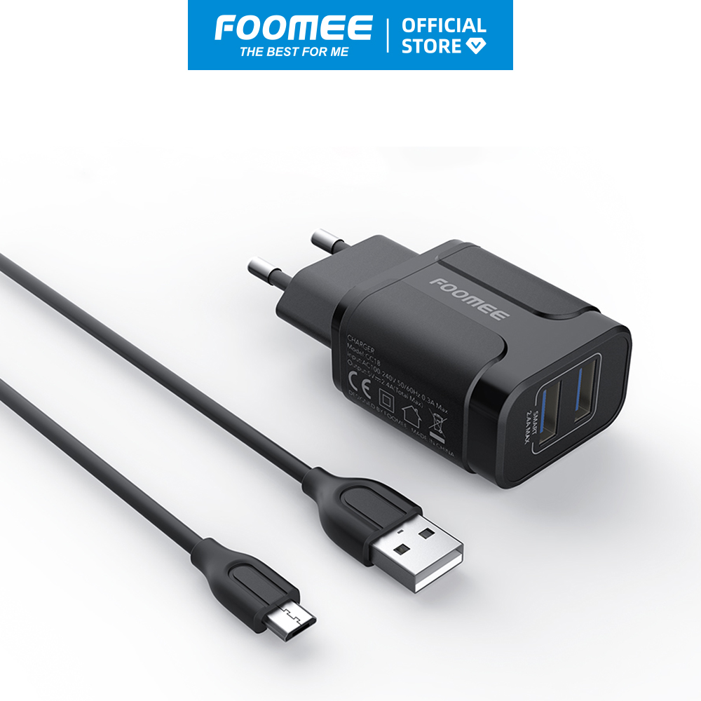 Bộ Củ+Cáp Sạc 2 Cổng USB Micro FOOMEE CC18 - Đen/Trắng - Sạc Nhanh 2.4A 2 Thiết Bị Cùng Lúc - Hàng chính hãng