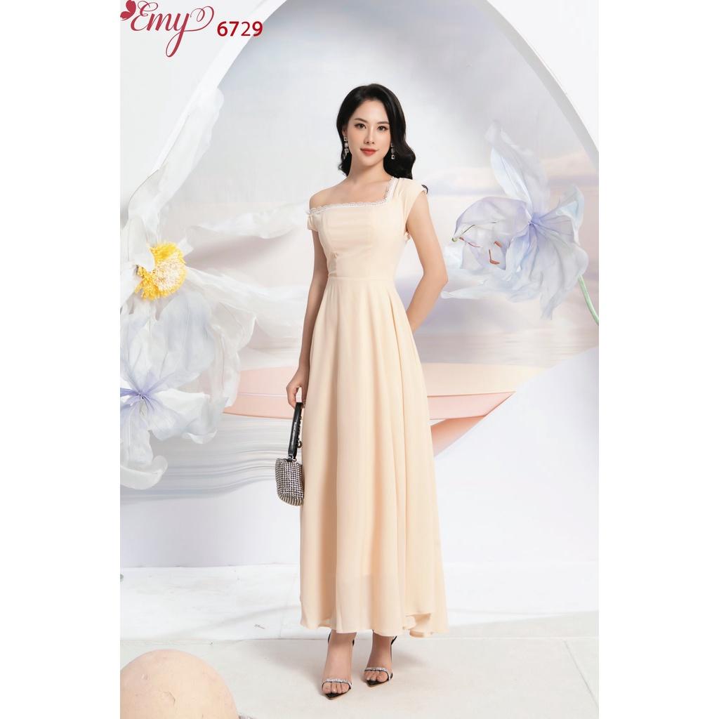 Đầm EMY EM6729 Maxi Xoè Nền Kem