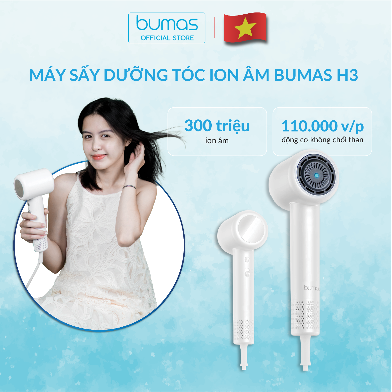 Máy Sấy Dưỡng Tóc Ion Âm Bumas H3 – Sấy Khô Trong 3 Phút – Tự Động Vệ Sinh Máy - Chăm Sóc Tóc Chuẩn SPA - Hàng Chính Hãng