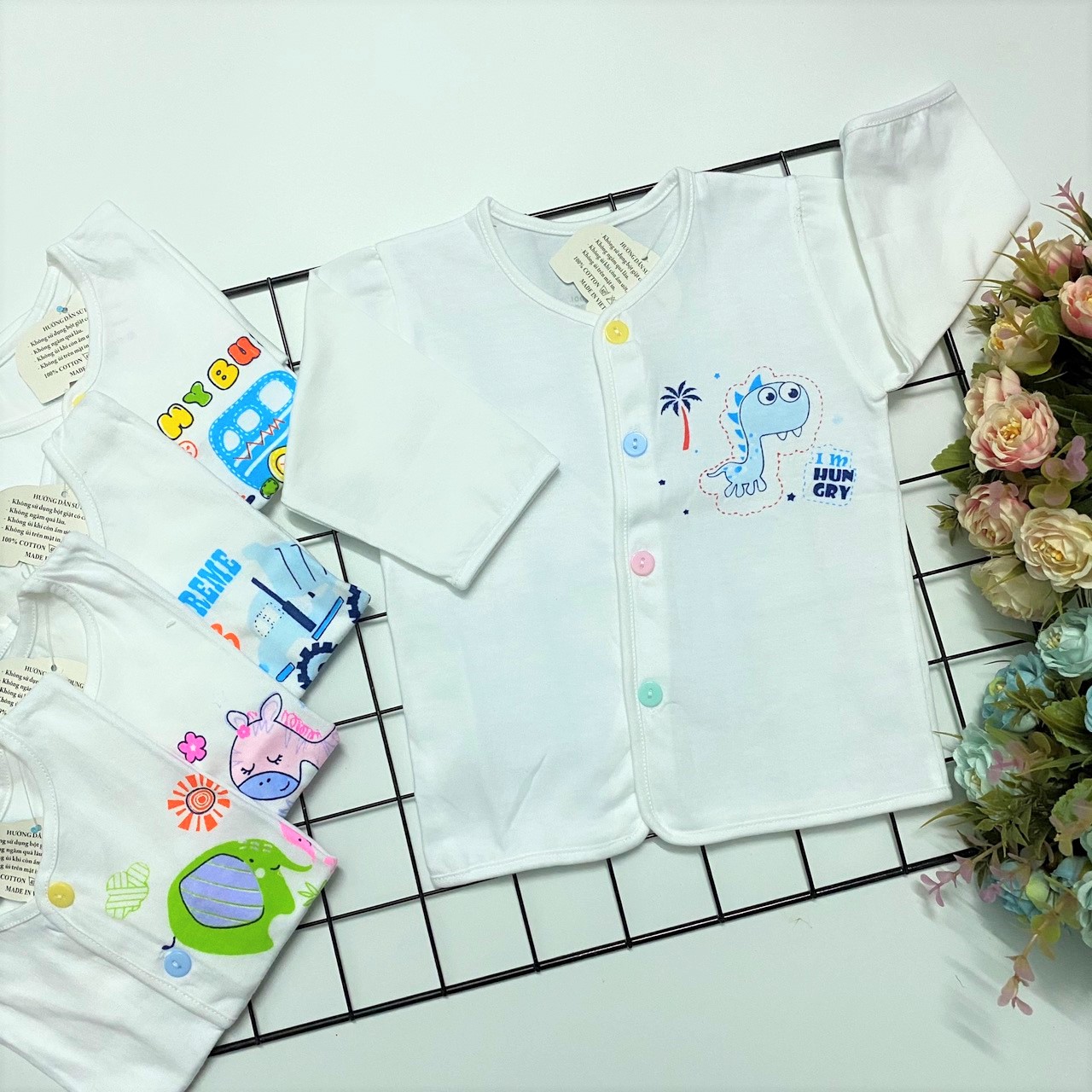 Combo 5 áo sơ sinh tay dài cài nút giữa trắng J-TomTom Baby, chất vải 100% cotton mềm mịn cho bé sơ sinh, hàng Việt Nam chất lượng