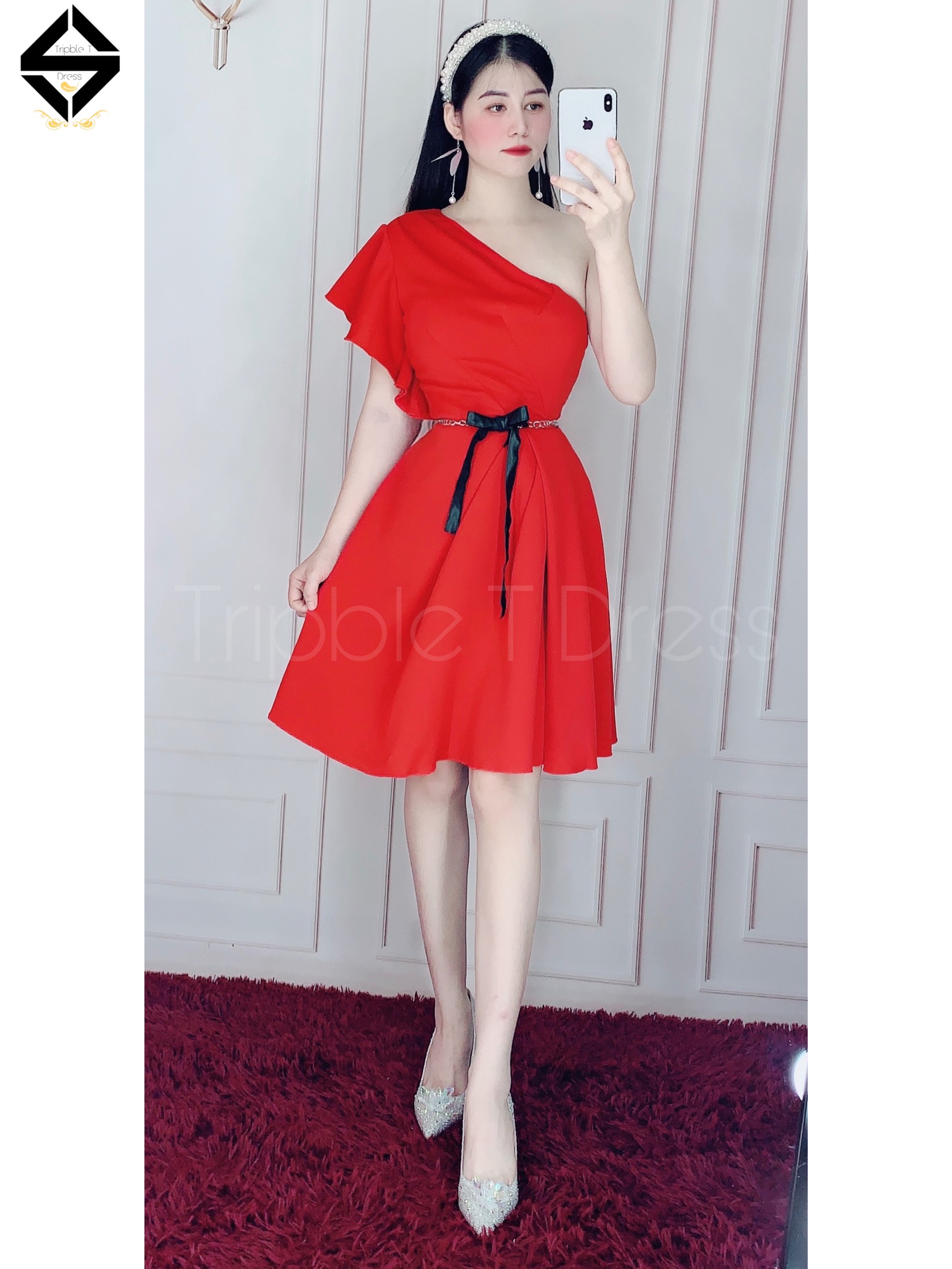 Đầm dự tiệc lệch vai kèm đai eo y hình TRIPBLE T DRESS - size M/L/XL ( ảnh/video thật) MS154V