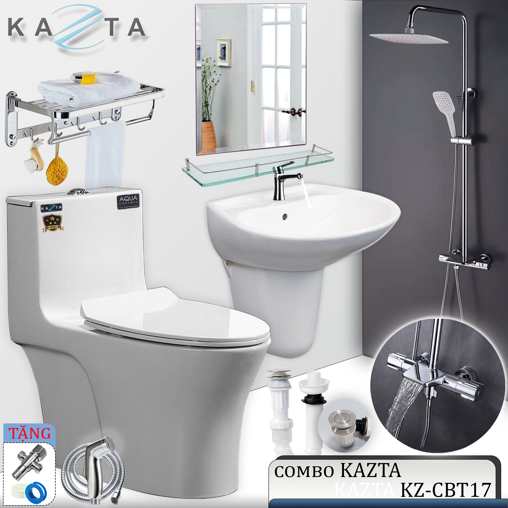 Combo Thiết Bị Nhà Tắm Cao Cấp KAZTA KZ-CBT17: Bồn Cầu 1 Khối-Bộ Lavabo Chân Treo-Sen Tắm Đứng Chỉnh Nhiệt-Gương Và Kệ Gương-Kèm Bộ Phụ Kiện Nhà Tắm