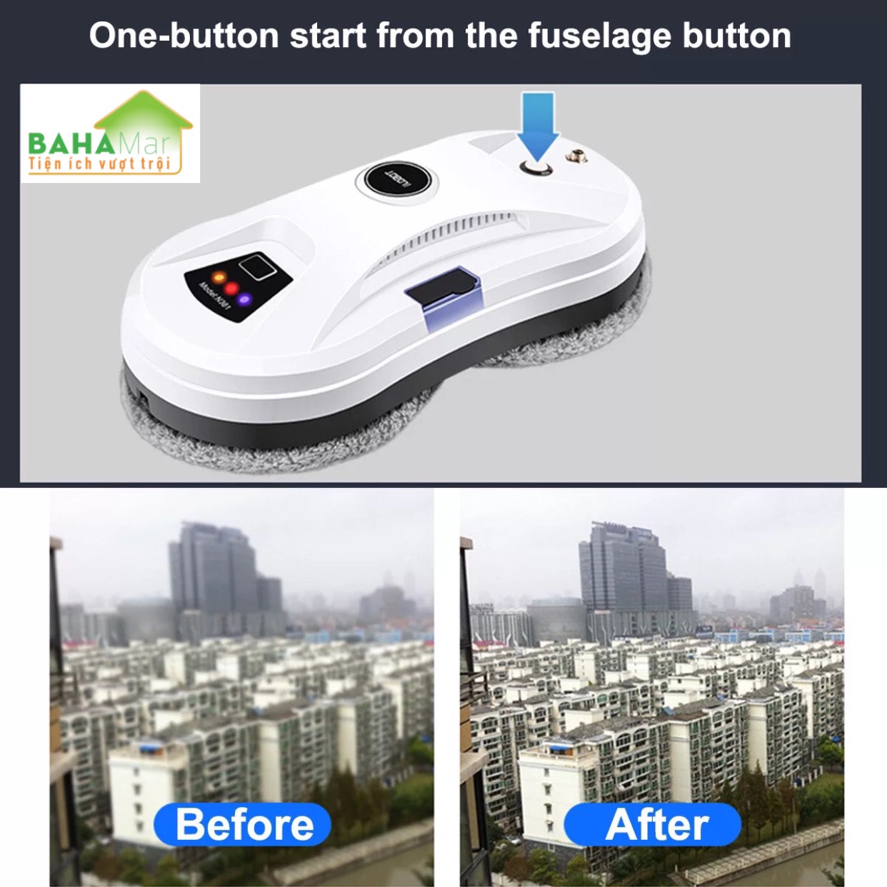 ROBOT THÔNG MINH TỰ ĐỘNG PHUN NƯỚC VÀ LAU KÍNH ĐIỆN CÓ ĐIỀU KHIỂN TỪ XA &quot;BAHAMAR&quot; Phun sương mù tạo ngưng tụ hơi nước và lau loại bỏ bụi bẩn, lau luân phiên không bỏ sót