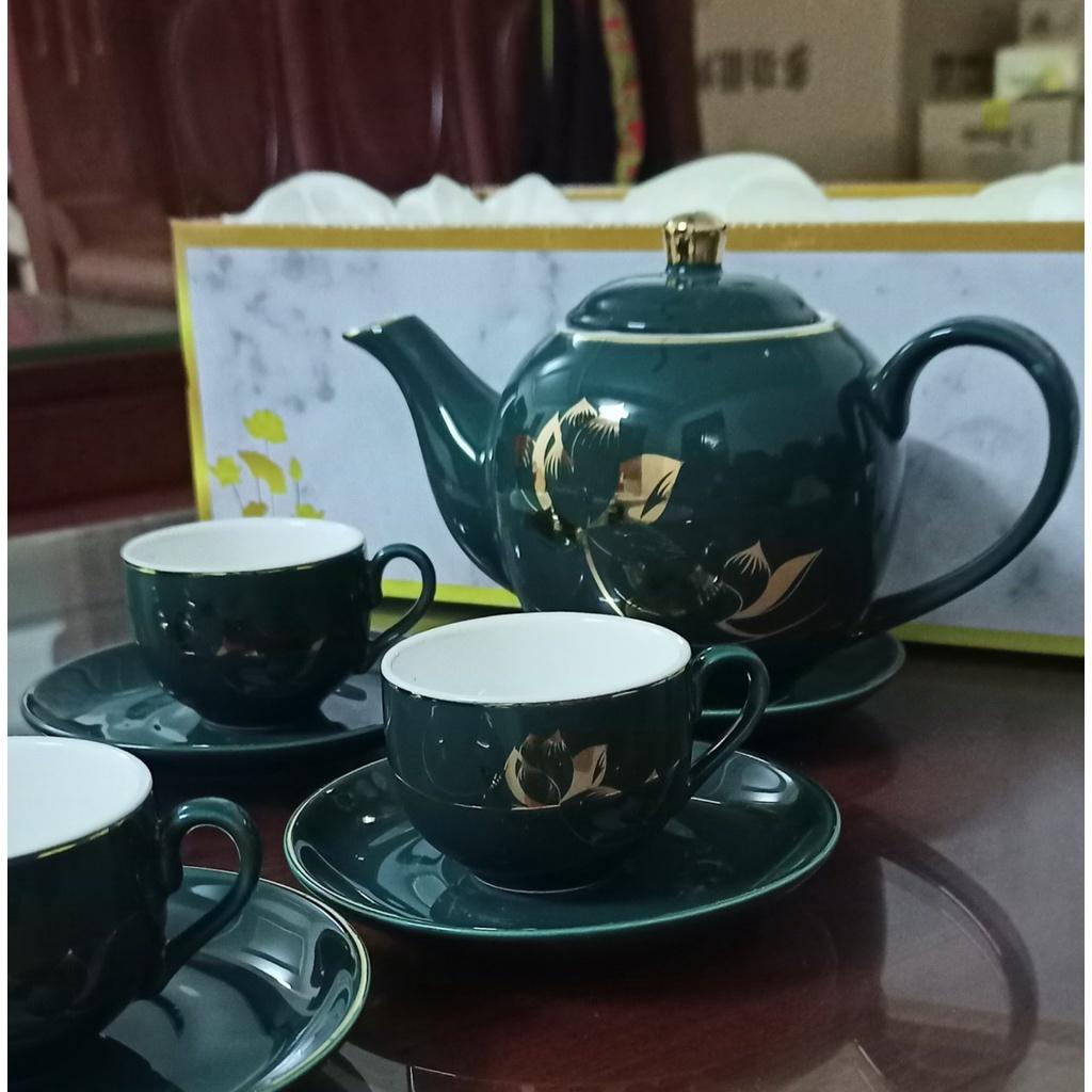 Bộ Ấm Chén Sứ,Bộ Tách Pha Trà Cà Phê Cao Cấp Màu Xanh Cổ Vịt Họa Tiết Hoa Sen Sang Trọng