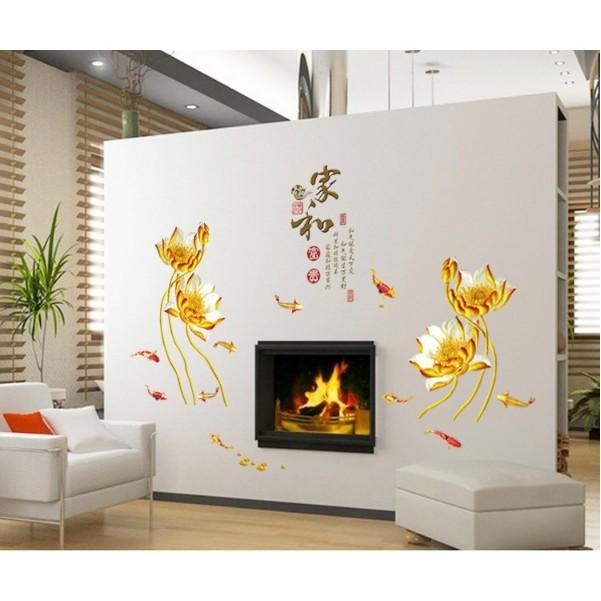 Decal trang trí tường - Hoa Sen Vàng Sáng chữ tàu sang trọng