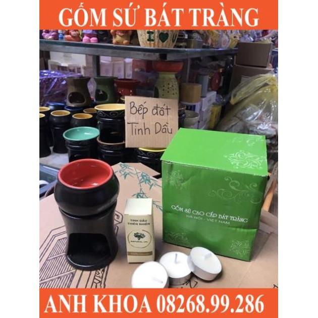 Set bếp đốt tinh dầu kèm 3 viên nến và lọ tinh dầu - Gốm sứ Bát Tràng Anh Khoa