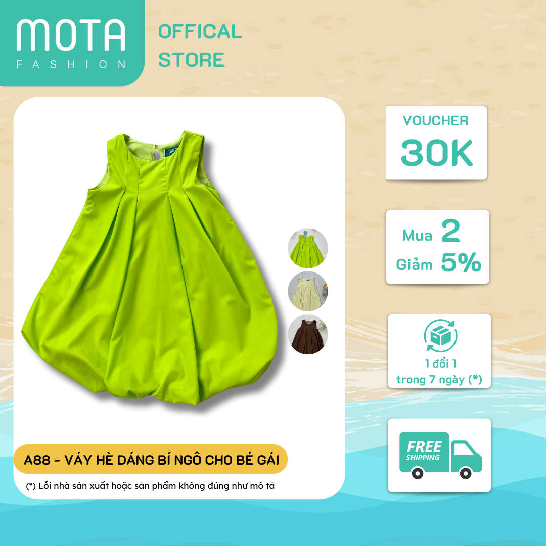 [A88XB - Mota Fashion] Váy hè dáng bí ngô xanh bơ cho bé gái đủ size từ 15-32kg Mota Fashion