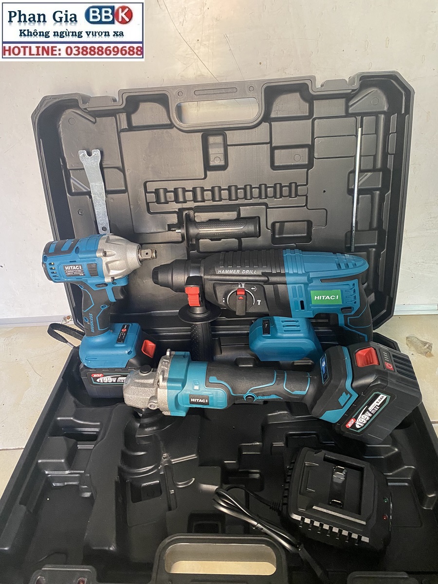 Bộ Combo 3 Trong 1 Gồm Máy Khoan Đục Bê Tông, Máy Mài Và Máy Siết Bulong Dùng Pin 199V, 2 Pin 15 Cell, Động Cơ Không Chổi Than 100% Lõi Đồng