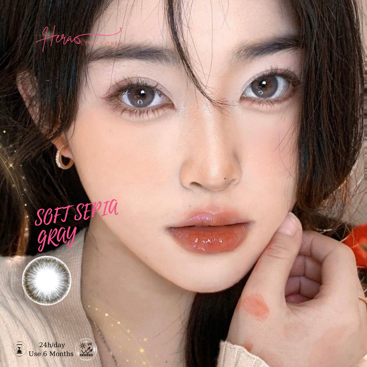 Kính Áp Tròng Hera Xám Thông Vân Nổi 0 - 6 Độ SOFT SEPIA GRAY Nhập Khẩu Hàn Quốc Lens Cận 6 Tháng