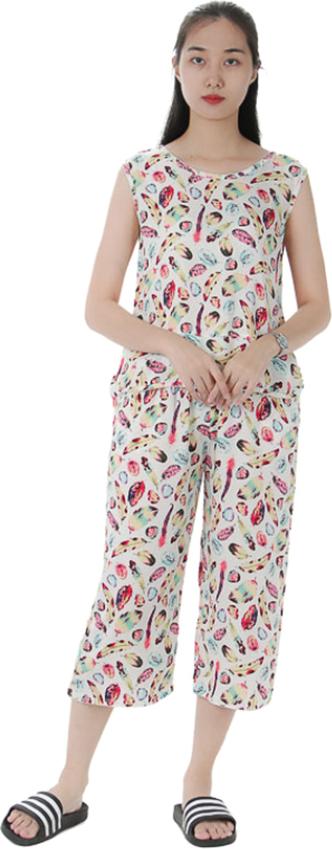 Bộ mặc nhà lanh Vicci BST.086.10 vải chéo Hàn cao cấp quần ống sớ họa tiết lông vũ-