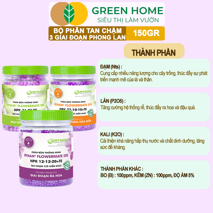 Bộ 3 Phân Tan Chậm Greenhome, Rynan 200-210-220 Chuyên Phong Lan 3 Giai Đoạn Dưỡng Cây Con, Kích Hoa, Sau Ra Hoa