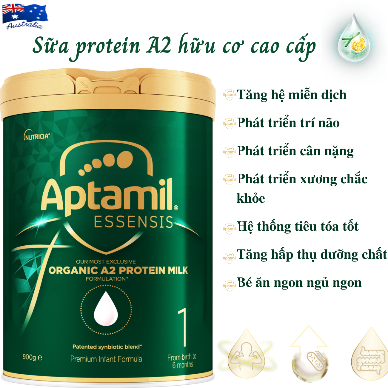 Sữa tăng chiều cao cho trẻ sơ sinh Aptamil Essensis Protein A2 Úc (Số 1)- Công thức Synbiotic độc quyền Giúp tăng cường hệ miễn dịch, hỗ trợ hệ tiêu hóa, Phát triển chiều cao, Cân nặng, trí tuệ và tăng sức đề kháng (900g/hộp)