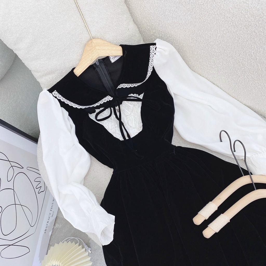 Đầm đen phối tay trắng cố sen thắt nơ vintage công sở công chúa tiểu thư dịu dàng dự tiệc