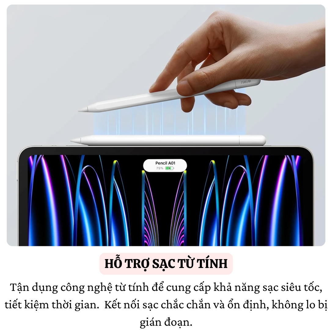 Bút cảm ứng cảm biến nghiêng chống tì tay sạc nam châm WIWU Stylus A01 cho iPad Pro Air Mini đời 2018 trở lên Gen 7 8 9 10 10.9 11 12.9 13 Mini 6 M1 M2 M3 M4 - Hàng nhập khẩu