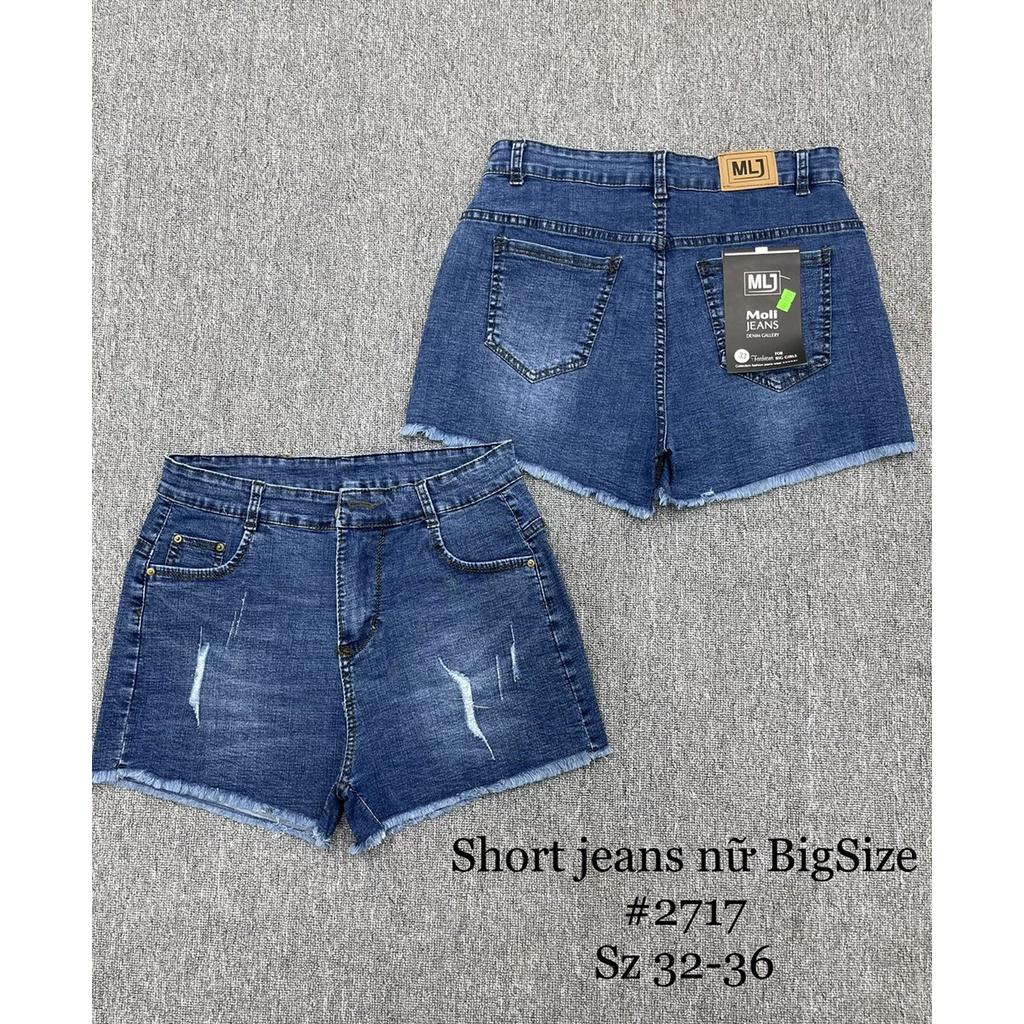 Quần short jean nữ BigSize lưng cao trên rốn, co dãn mạnh, tua lai, màu xanh đậm rách kiểu dành cho người mập 2717