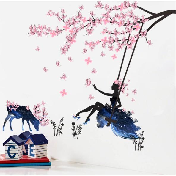 Decal trang trí tường - Cô Gái Hoa Xích Đu và Trâu Hoa