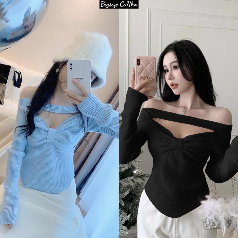 Áo thun gân bigsize nữ tay dài trễ vai kiểu dáng sexy, Áo kiểu big size dài tay BIGSIZE CÔ NHỎ G60 - Màu xanh