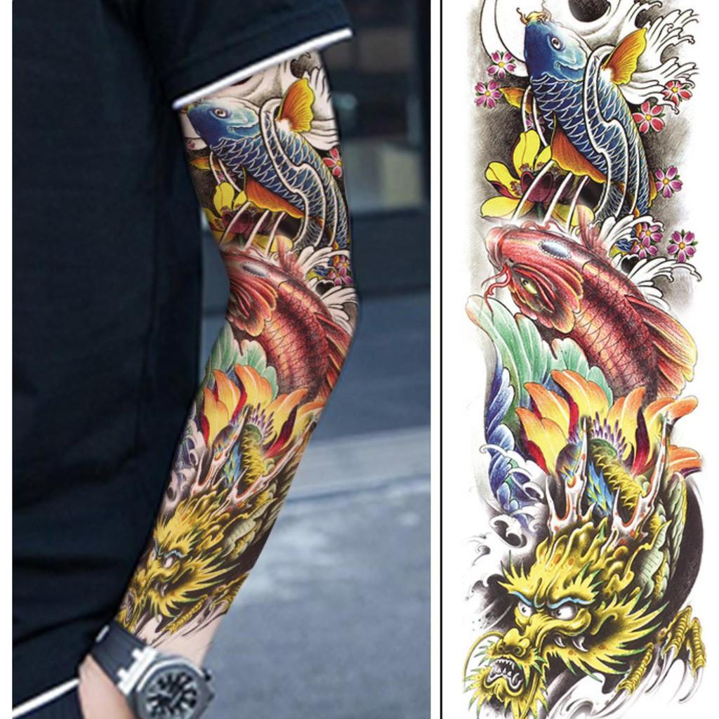 Combo 2 tấm hình xăm dán tattoo kín tay 17x48cm CÁ CHÉP XANH, ĐỎ VÀ RỒNG VÀNG