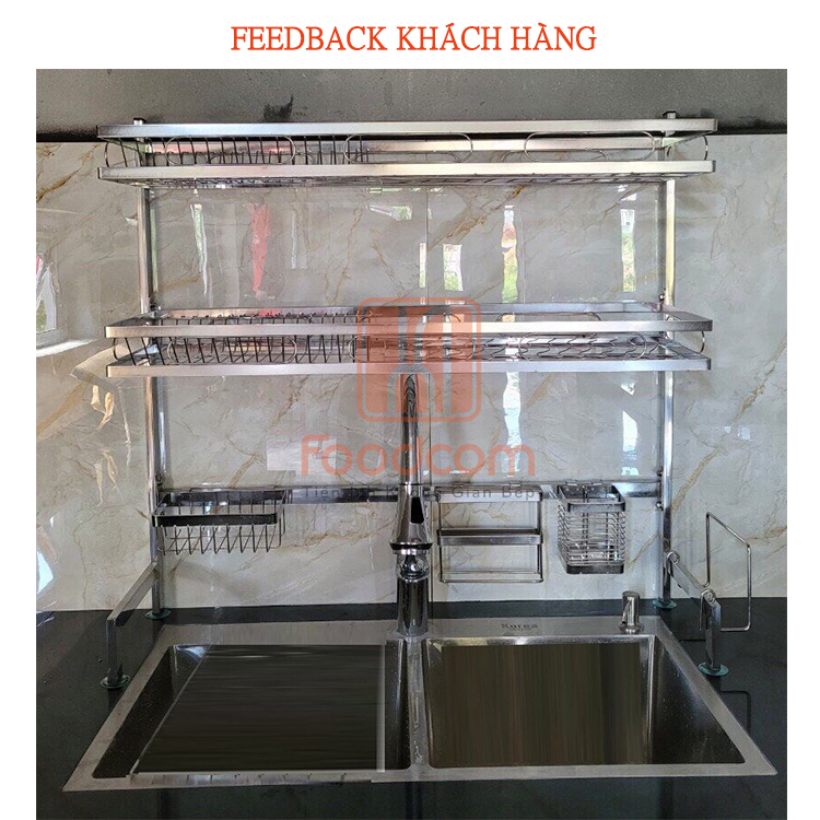 Kệ chén bát đa năng Foodcomkích thước 86 cm 2 tầng dùng cho bồn đơn bằng inox cao cấp không gỉ, giá để bát trên bồn rửa ráo nước cho nhà bếp sạch sẽ