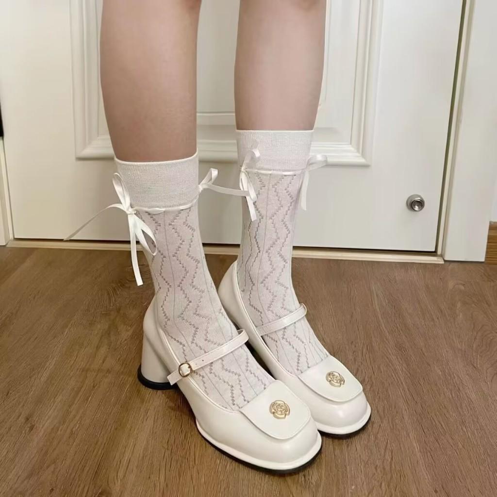Tất, vớ cao cổ chất dệt kim GÂN TĂM BUỘC DÂY, họa tiết ziczac, phong cách Lolita NhậtBản cá tính, thấm hút mồ hôi tốt cho Nữ Women Trắng