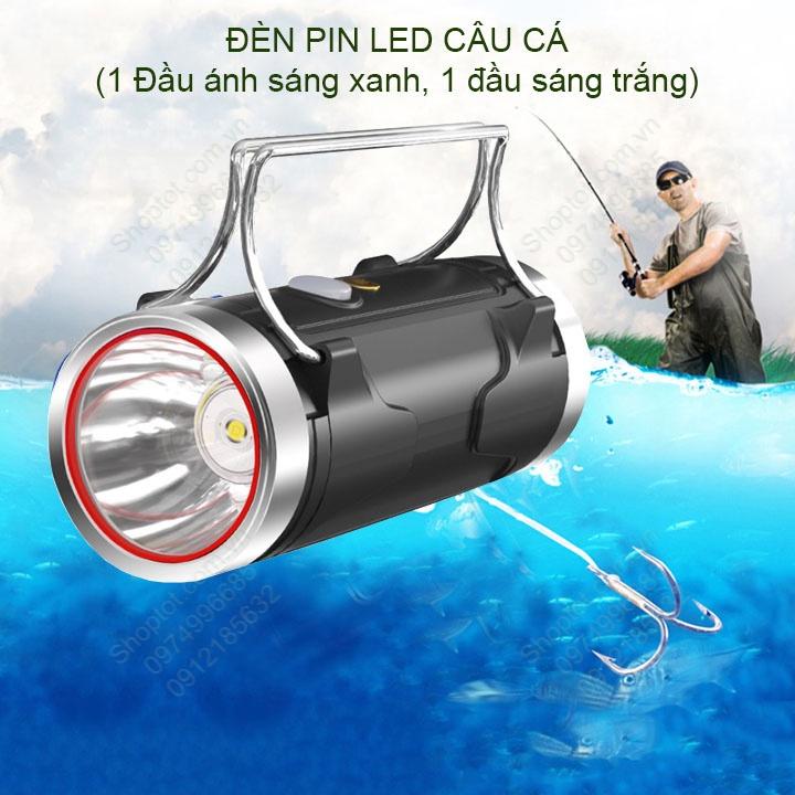 Đèn pin led câu cá D05, 01 đầu ánh sáng xanh chuyên dẫn dụ cá, 1 đầu ánh sáng trắng chiếu sáng, kèm giá đỡ đèn