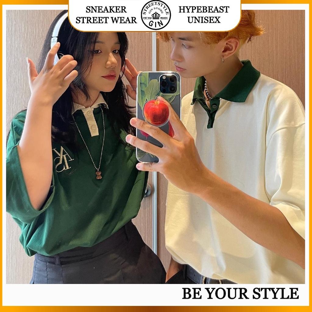Áo thun polo unisex ATYS màu xanh lá/ màu kem form rộng, chất thun cá sấu nam nữ unisex phong cách ulzzang - Gin Store