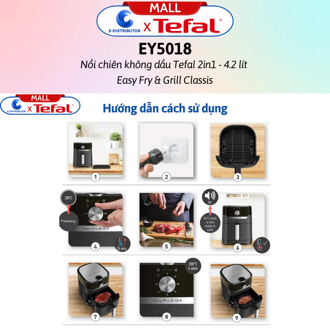 Nồi chiên không dầu kiêm nướng Tefal EY5018 Easy Fry &amp; grill XL Classic (màu đen - cơ - 4,2L) - Hàng Chính Hãng