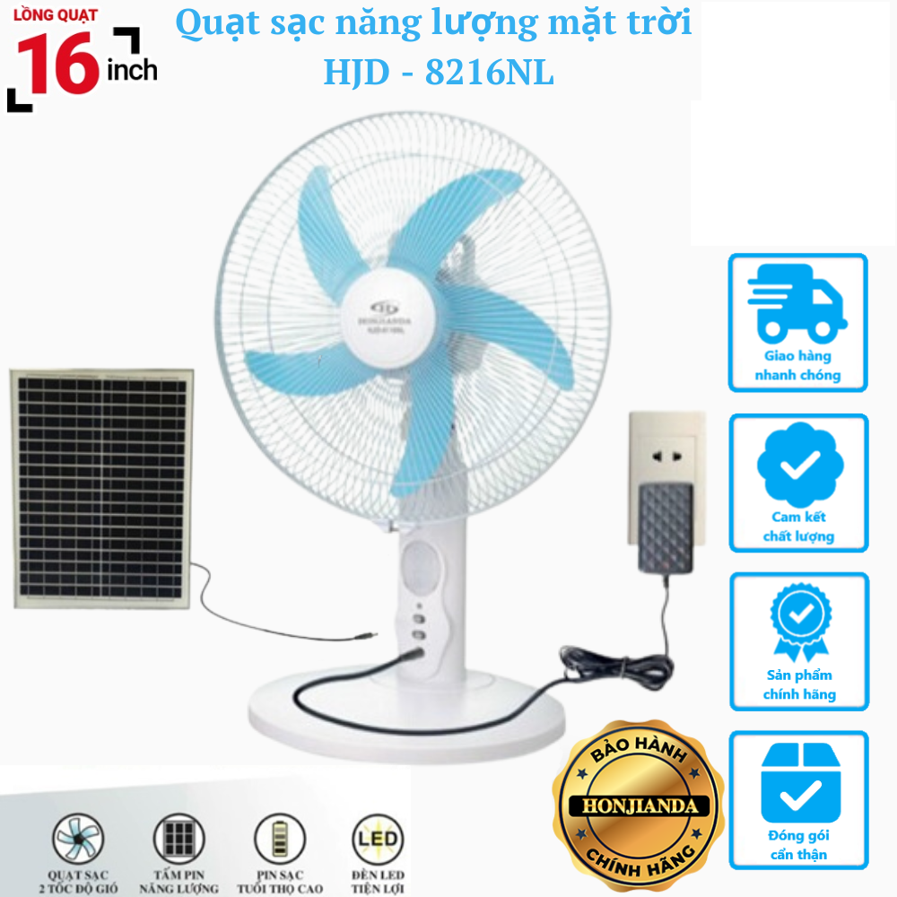 Quạt Tích Điện Sạc Năng Lượng Mặt Trời Honjianda HJD-8216NL - Hàng Chính Hãng
