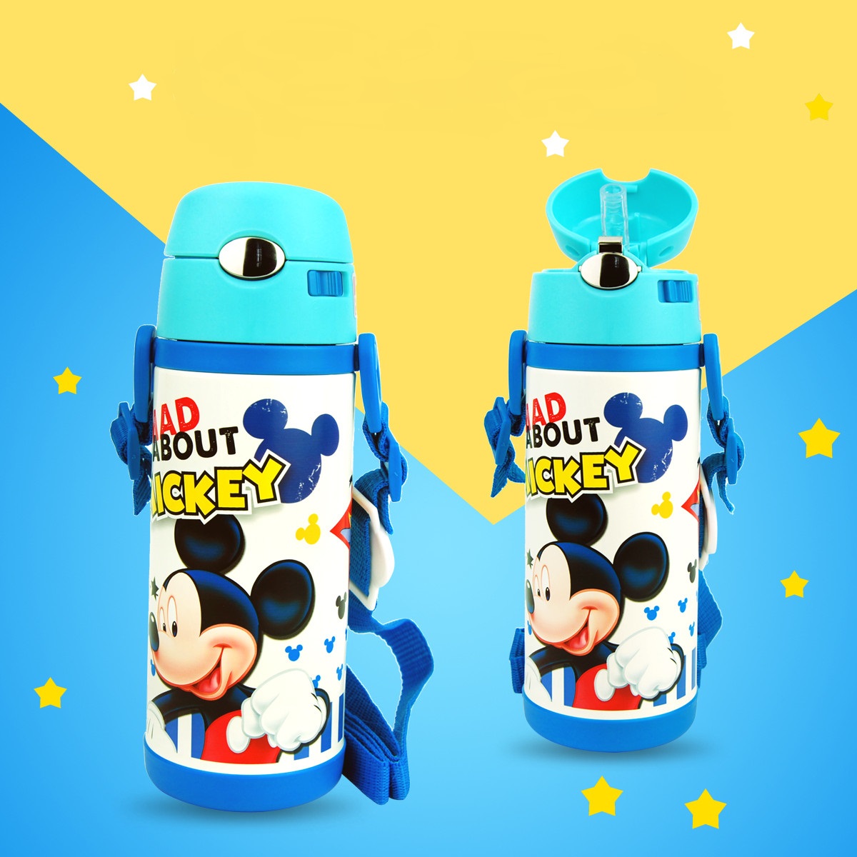 Bình nước giữ nhiệt có ống hút hình chuột Mickey vạch thẳng đứng màu xanh cho trẻ em, các bé, học sinh - - WD-3424MK2
