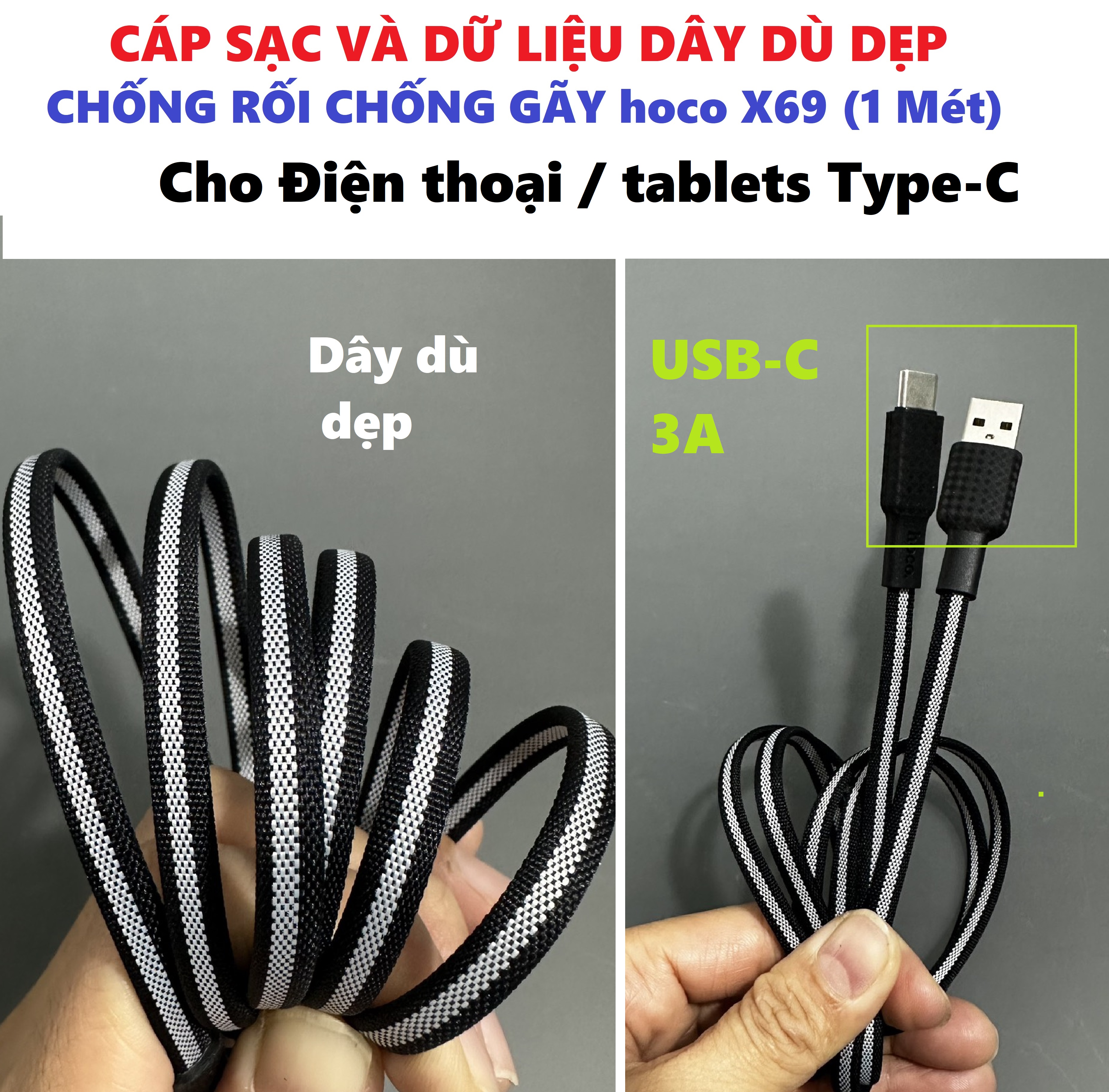 Cáp sạc điện thoại dây dẹp siêu bền chống rối cho đt iP  type C hoco X69 2.4A 3A (1 mét) _ Hàng chính hãng