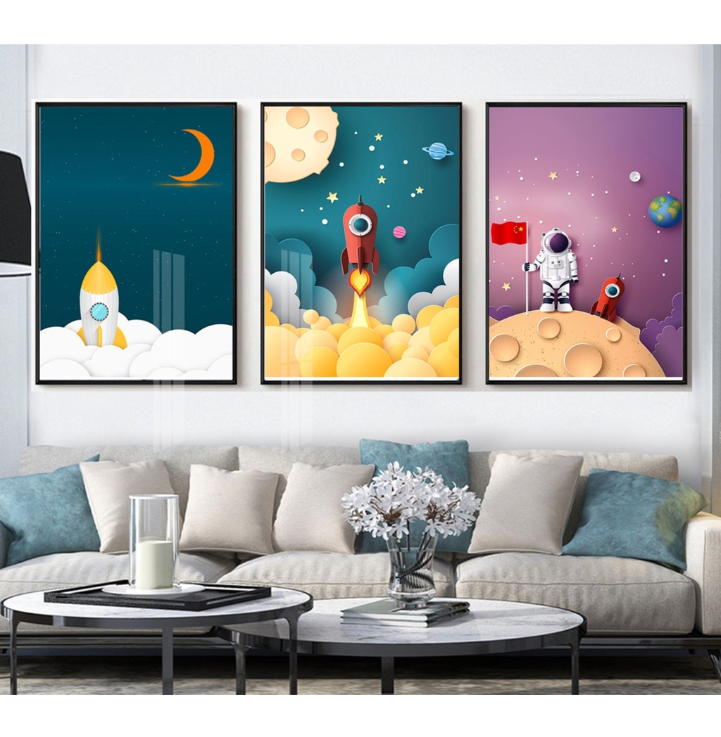 (ẢNH THẬT) Tranh treo tường phi hành gia bộ 3 tấm trang trí decor phòng bé trai