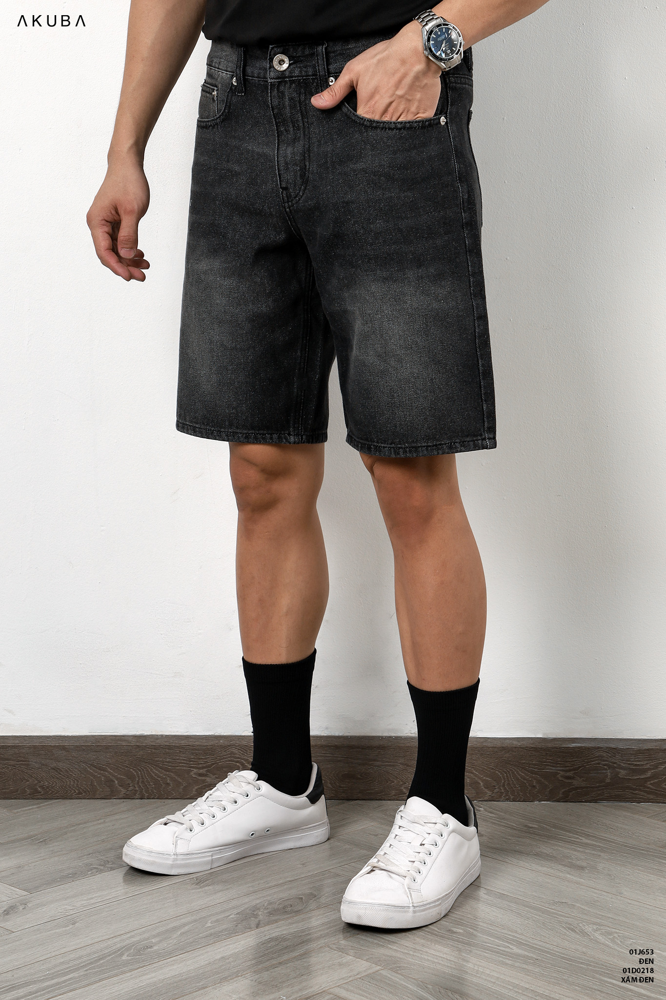 Quần Short Jean nam trơn co dãn Form slimfit AKUBA chất liệu Denim, độ dày vừa phải, phong cách Hàn Quốc | 01D0218