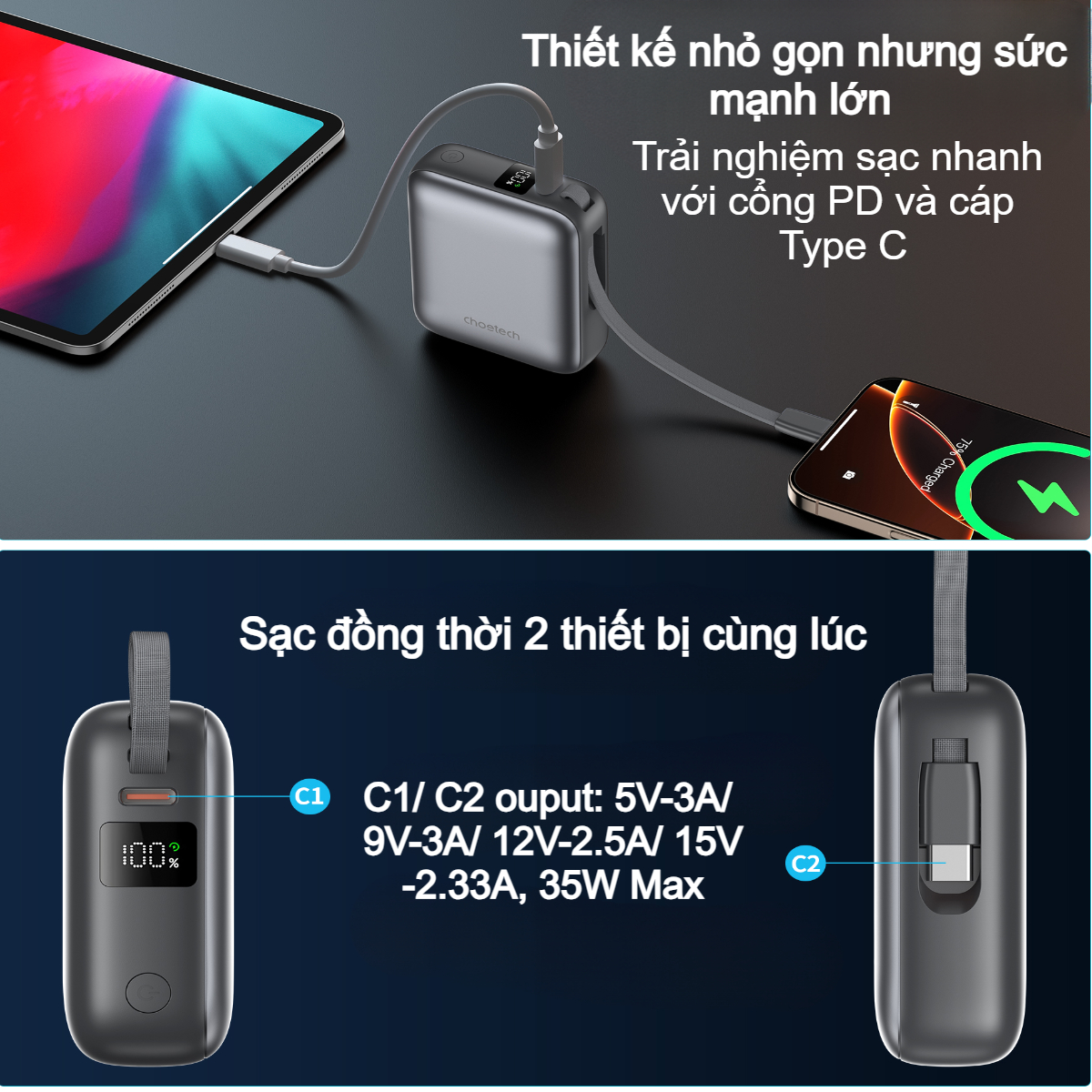 Pin dự phòng sạc nhanh công suất 35W Choetech B832 dung lượng 10000mAh tích hợp cáp sạc Type C (Hàng chính hãng)