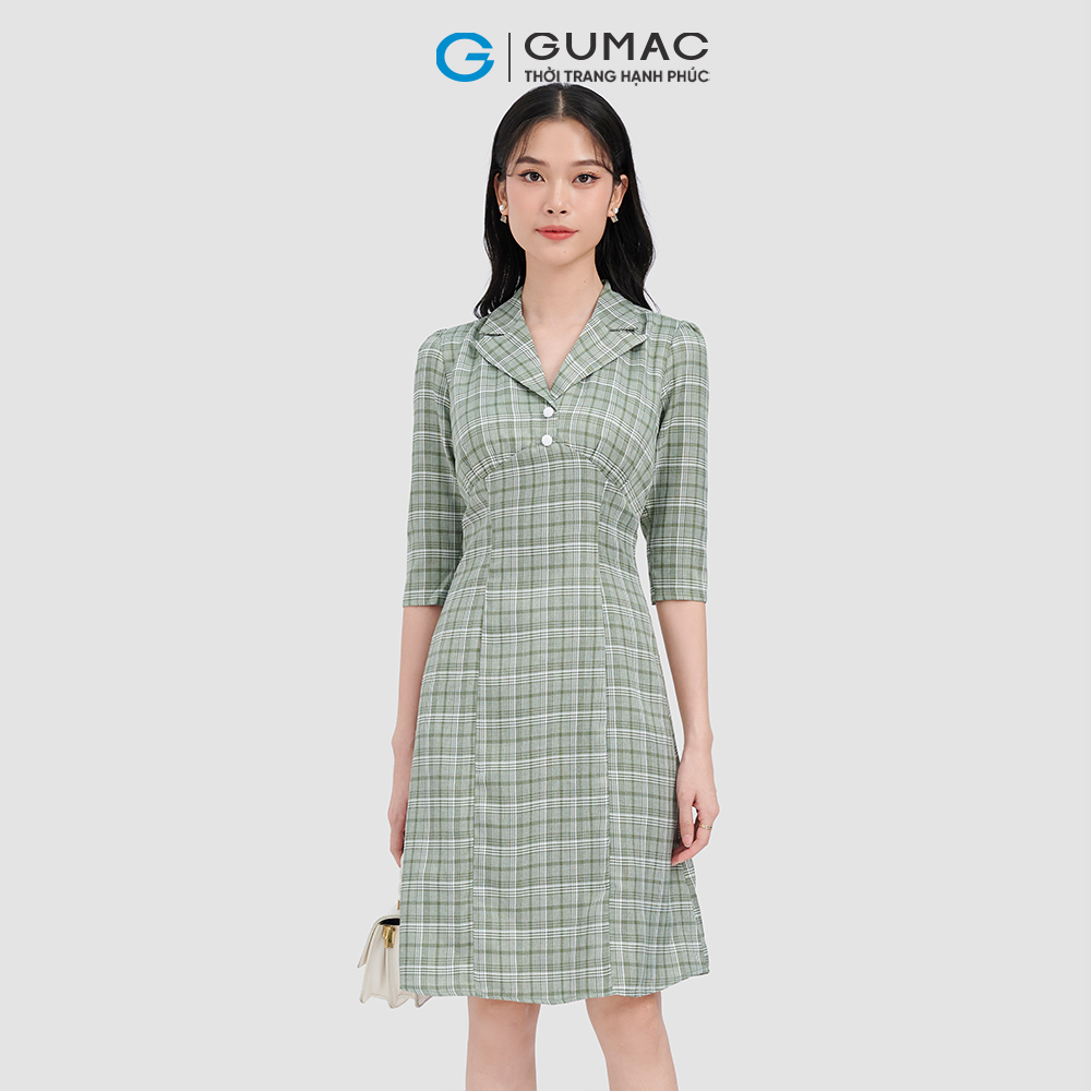 Đầm form A GUMAC DC10065 caro tay lỡ phong cách