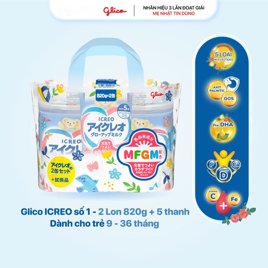 [COMBO 2 TẶNG 5 GÓI]  Sữa Bột Glico Icreo Grow-Up Cho Bé 1-3 Tuổi (2x820g/Lon)
