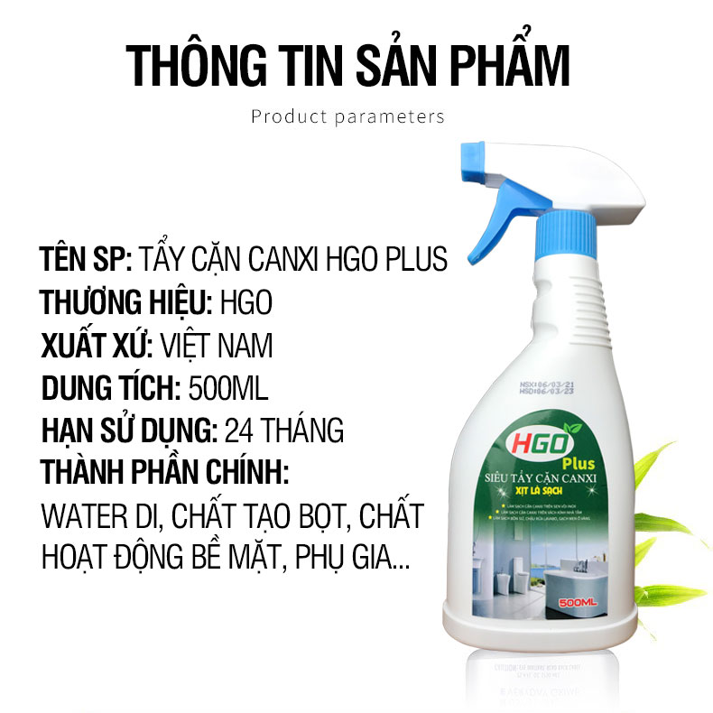 Tẩy cặn canxi nhà tắm HGO PLUS làm sạch vách kính, vòi sen inox 304, bồn sứ, gạch men, lavabo tiện lợi hiệu quả 500ml