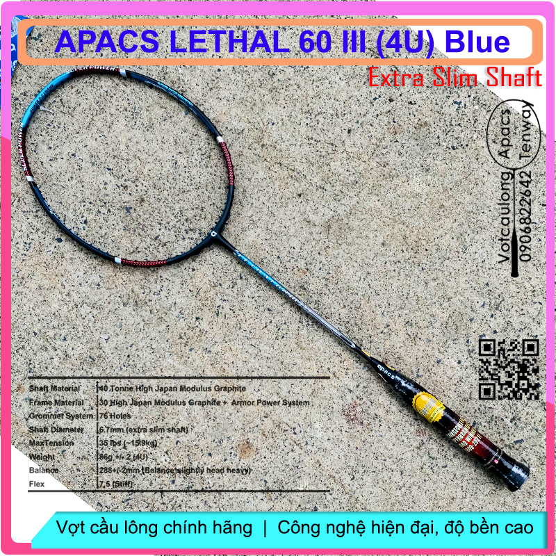 [Vợt cầu lông Apacs Lethal 60 III Blue NEW-4U]_Vợt cân bằng thân đũa cứng, chất liệu cao cấp High Japan Carbon Graphite